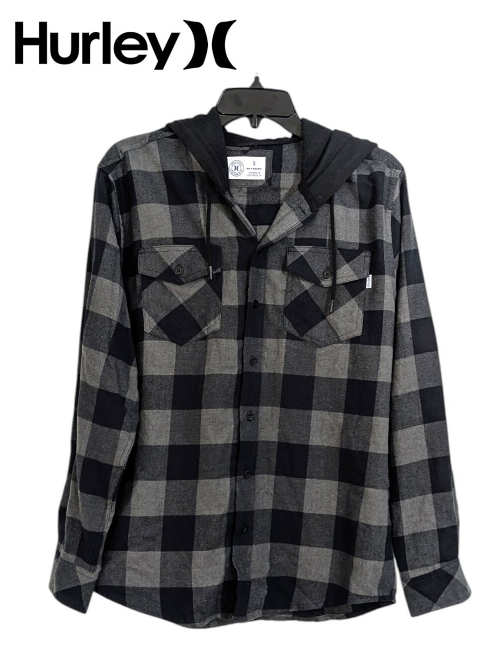 Hurley Black & Grey Buffalo Check Box Plaid Button Down Hoodie Shirt Size Small